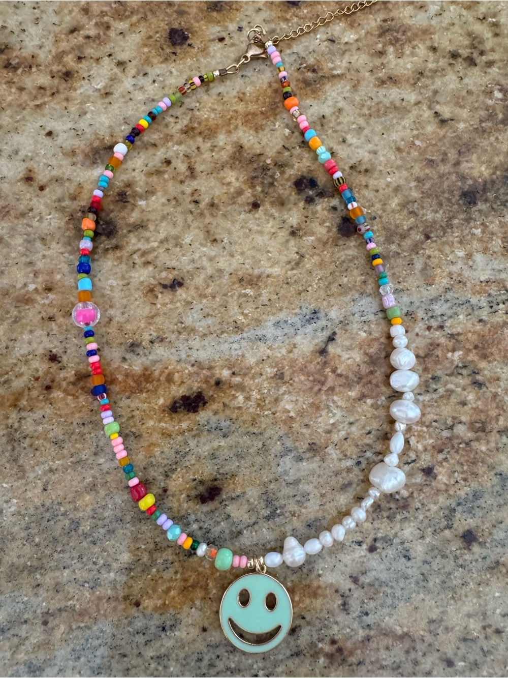 Multicolor Beaded Necklace with Mint Smiley Pendant